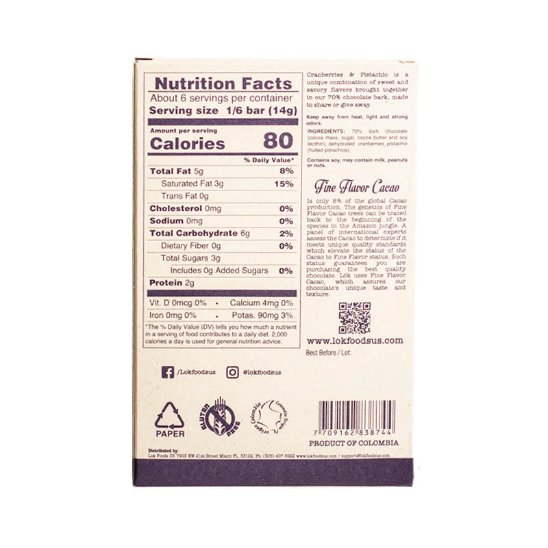 Lök Foods 'Barks' Cranberry & Pistachio 70% Dark Chocolate Bar, 85g The Cantina 4 Lök Foods 'Barks' Cranberry & Pistachio 70% Dark Chocolate Bar, 85g The Cantina