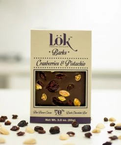 Lök Foods 'Barks' Cranberry & Pistachio 70% Dark Chocolate Bar, 85g The Cantina 7 Lök Foods 'Barks' Cranberry & Pistachio 70% Dark Chocolate Bar, 85g The Cantina