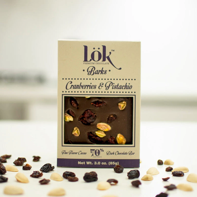 Lök Foods 'Barks' Cranberry & Pistachio 70% Dark Chocolate Bar, 85g The Cantina 5 Lök Foods 'Barks' Cranberry & Pistachio 70% Dark Chocolate Bar, 85g The Cantina