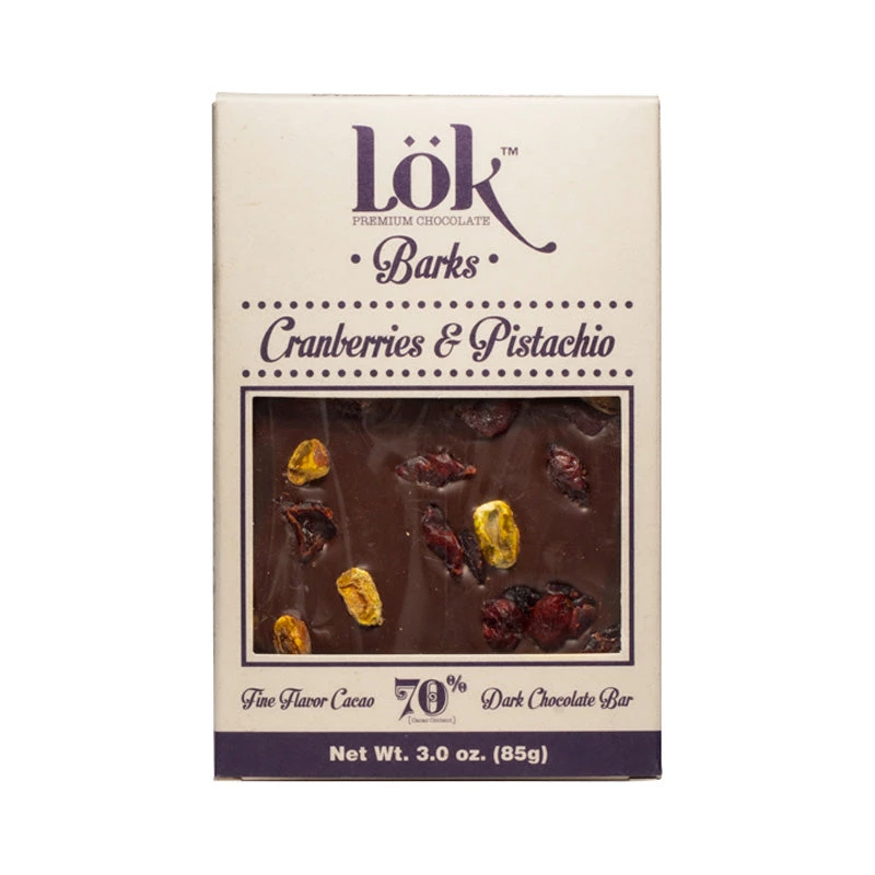 Lök Foods 'Barks' Cranberry & Pistachio 70% Dark Chocolate Bar, 85g The Cantina 3 Lök Foods 'Barks' Cranberry & Pistachio 70% Dark Chocolate Bar, 85g The Cantina